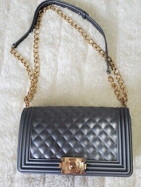 Quilted Gray with Chain Shoulder Jelly Bag with Gold Hardware